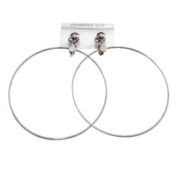 2 3/4" Thin Ring Long Hoops Clip On Earrings Silver Tone Vintage Extra Large - Picture 2 of 4